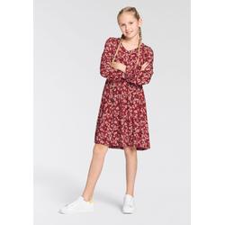 Jerseykleid DELMAO "Viskose-Kleid für Mädchen", Mädchen, Gr. 140/146, N-Gr, rot (rot geblümt), Jersey, Obermaterial: 95% Viskose (LENZING ECOVERO), 5% Elasthan, geblümt, modisch, ausgestellt kniefrei, V-Ausschnitt, Langarm Rüschen mit Gummizug,...