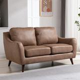 George Oliver Joslyne 59.8" Wide Leather Cushion Back Contemporary Loveseat w/ Wood Leg Faux Leather in Brown | 33.8 H x 59.8 W x 35.8 D in | Wayfair