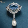 Wong Rain 925 Sterling Sliver Oval Blue Spinel Pearl High Carbon Diamond Gemstone Brooch Brooches