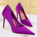 Donne 7.5cm 10.5cm tacchi alti scarpe décolleté di seta Lady verde viola rosso Fetish matrimonio da