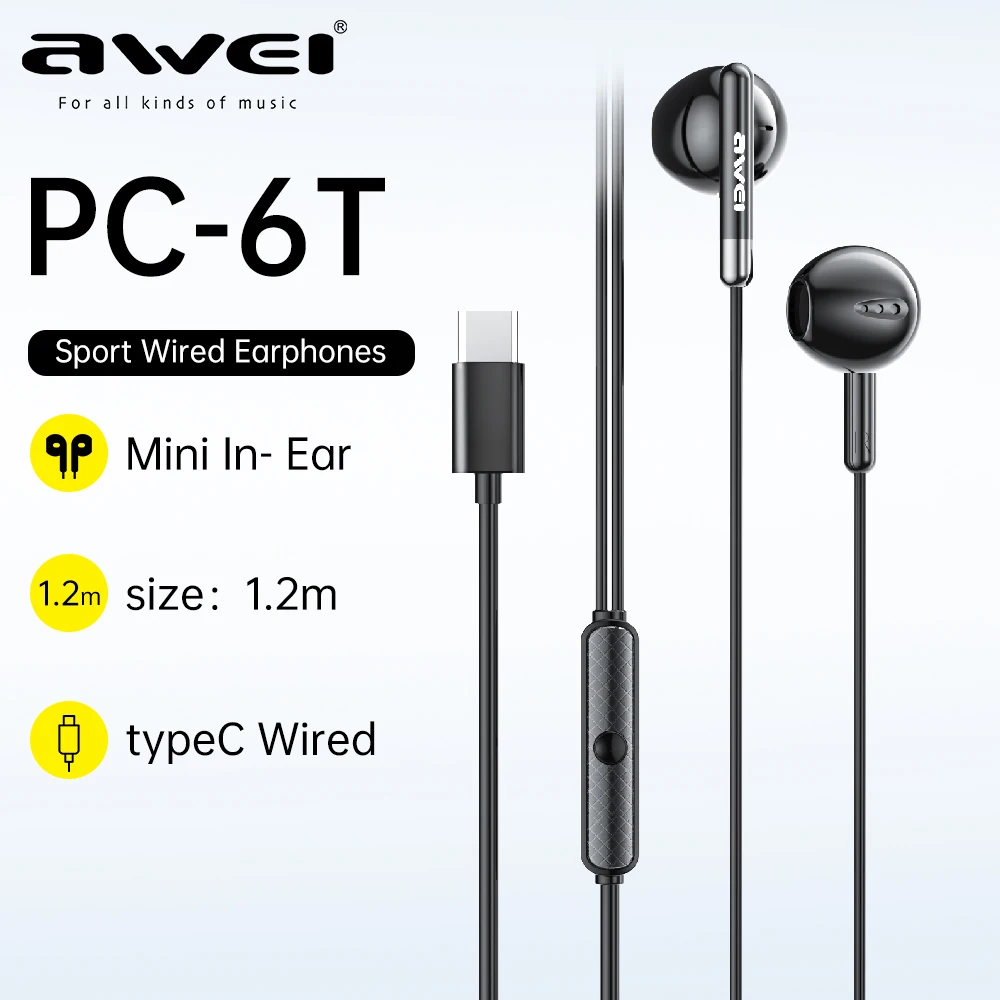 Awei PC-6T cuffie cablate di tipo C cuffie In-Ear auricolari cablati con controllo del Volume del microfono compatibile per tutti i telefoni cellulari