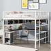 Full Size Metal Loft Bed with Built-in L-Shaped Desk and Bookcase, Multi-Functional Metal Loft Bed Frame with Storage Cabinet