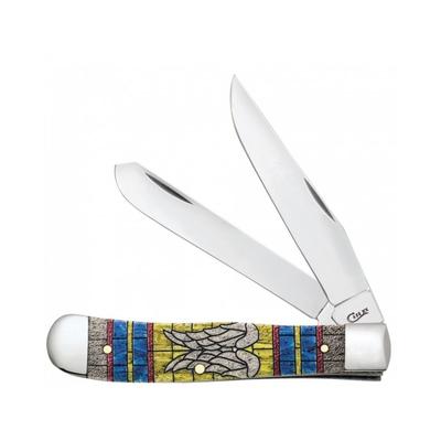 Case Embellished Trapper Folding Knive in Velvet Box - Angel Wings Surgical Steel Clip and Spey Blades Natural Bone Handle with Yellow Red Blue and