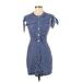 Derek Lam 10 Crosby Casual Dress - Shirtdress High Neck Short sleeves: Blue Print Dresses - Women's Size 0