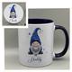 Personalised navy blue and gold GONK ceramic mug, full white mug or navy handle mug and matching blue gonk coaster, gonk mug and coaster