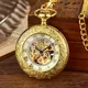 Vintage Gold Bronze Mechanical Pocket Watch Hand Winding Skeleton Roman Numerals Dial Fob Chain