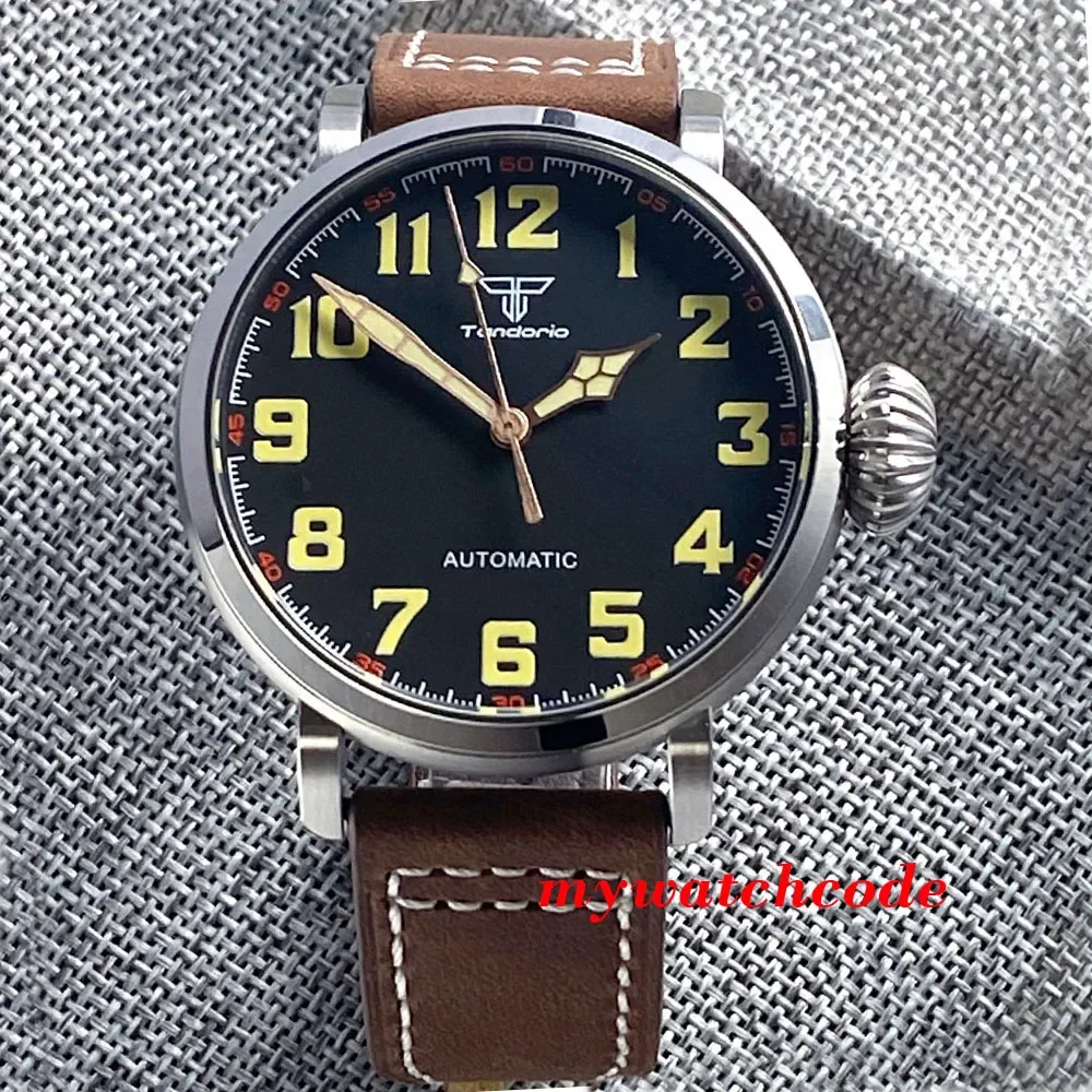 47 mm Vinatge Tandorio NH35A PT5000 Automatik-Armbanduhr für Herren, leuchtendes schwarzes Zifferblatt, Saphirstahluhr, AR-Saphirglas Image
