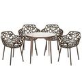 29 x 31 x 31 in. Devon Mid-Century Modern 5 Piece Aluminum Outdoor Patio Dining Set with Tempered Glass Top Table & 4 Stackable Flower Design Arm Chair Brown