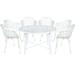 28.35 x 47.25 x 47.25 in. Devon Mid-Century Modern 7 Piece Aluminum Outdoor Patio Dining Set with Tempered Glass Top Table & 6 Stackable Flower Design Arm Chair White