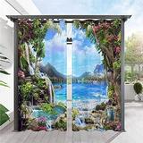 Outdoor Curtains for Patio - Grommet Top Waterproof Window Drapes with Tropical Palm Tree Beach Landscape Print Pattern Outside Privacy Curtains for Pergola Gazebo Cabana 2 Panels 54 x 84