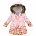 EGNMCR (5-12 Years) Kids Fall And Winter Cotton Coat Jacket Printed Long Hair Collar Coat Hooded Long-sleeved Zipper Coat Jacket