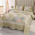 VIVILINEN Green Patchwork Quilted Bedspread Coverlets Set Double Size Quilt Set 3 Pieces 220 x 240 cm Floral Reversible Stitched Bedding Set Bed Cover Throw Blanket with 2 Pillow Shams