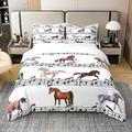 100% Organic Cotton Horse Comforter Cover, Music Notes Duvet Cover Single, Western Cowboy Bedding Set, Wild Horse Music Theme Soft Breathable Bedspread Cover with 1 Pillow Case, White