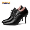 Große Größe Frauen Pumpen Schwarz Rot Hohe Dünne Fersen Derbies Casual Büro Party Dame Spitz Vintage Kleid Spitze-up Stiletto Schuhe