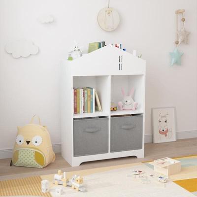 2-Tier Kids Dollhouse Bookcase with 2 Collapsible Fabric Drawers