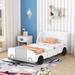 Twin Size Car Shaped Platform Bed with Wheels, Wooden Platform Bed with Sturdy Slat Support, Fun Play Design Platform Bed, White