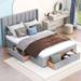 Queen Size Upholstered Platform Bed with A Drawer in The Footboard & Drawers on Each Side, Modern Linen Finish Bed Frame, Grey