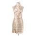 BCBGMAXAZRIA Cocktail Dress - Party V Neck Sleeveless: Tan Print Dresses - Women's Size 10