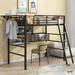 Twin Size Metal Loft Bed with a Desk, 2 Shelves and a Hanging Clothes Rack, Modern Style Heavy-Duty Metal Frame