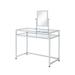 2 Piece Metal Vanity Set Tempered Glass Faux faux Seat 1 Shelf Silver- Saltoro Sherpi