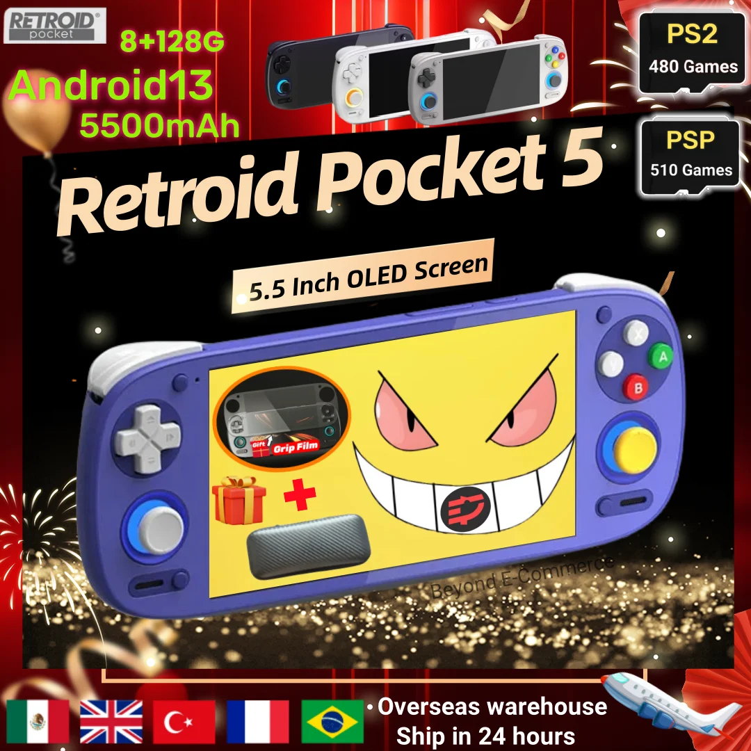 Retroid Pocket 5 RP5 Console de jeu portable rétro Consoles de jeux vidéo SD865 8G + 128G Android13 5.5 pouces écran OLED PSP PS2 jeux