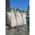 Personalised Light grey/beige Monogram Canvas Tote Bag Initial Beach Handbag Birthday Gift Chain
