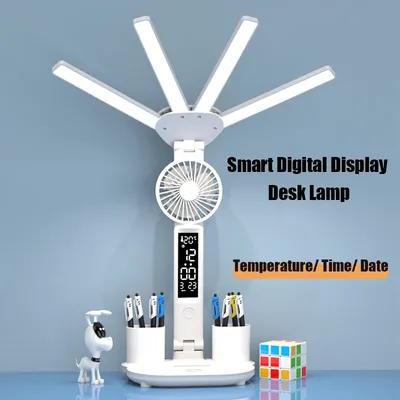 3In1 Multifunctional Desk Lamp LED Desk Lamp Four-Head Folding With Fan Calendar Clock USB Rechargeable Reading Office Desk Lamp