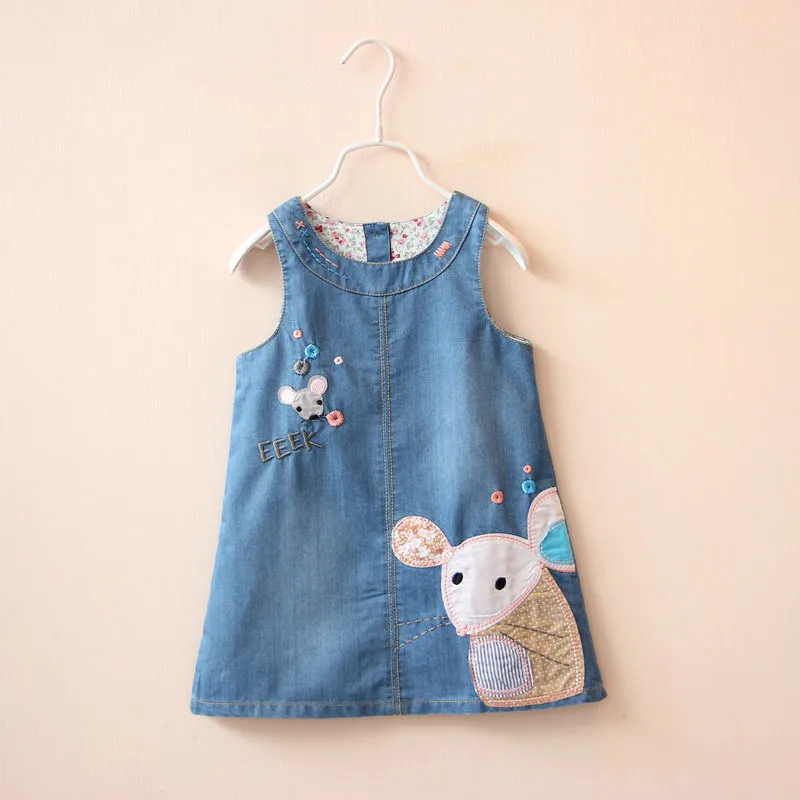 Cartoon Maus Stickerei Kleine Mädchen Sommer Denim Kleid Gemütliche Ärmellose A-linie Kinder Kleider Für Kleinkind Mädchen Kleidung 2-6 jahre Image