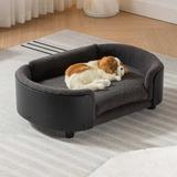 Elevated Dog Bed Pet Sofa With Solid Wood legs and Bent Soft Backrest Pet Cat Stool Bed with Cashmere Cushion for Small and Medium Size Dogs Kitten Medium Size-Black +Gray