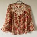 Disney Tops | Disney Lauren Conrad Womens Blouse Floral Size S Lace Chiffon Bell Sleeve Top | Color: Green/Pink | Size: S