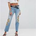 Free People Jeans | Free People Boho Embroidered Girlfriend Jeans In Light Denim Size 25 | Color: Blue | Size: 25