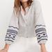 Madewell Tops | 100 Madewell Striped Embroidered-Sleeve Cotton Shirt White & Navy Blue Size Xs | Color: Blue/White | Size: Xs