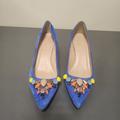 J. Crew Shoes | J. Crew Collection Dulci Suede Kitten Heels Jeweled Blue Italy Sz 5 | Color: Blue/Yellow | Size: 5
