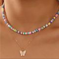 Anthropologie Jewelry | 2 Pc Butterfly Gold Chain Colorful Beaded Chain Necklace Set | Color: Gold/Pink | Size: Os