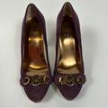 Michael Kors Shoes | Michael Kors Women’s Purple Suede Platform Dress Heels Pumps Gold Mk Logo 6 | Color: Purple | Size: 6