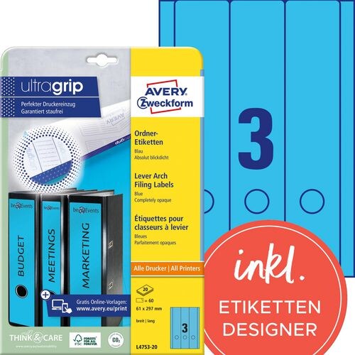 AVERY Zweckform ultragrip Ordneretiketten L4753-20 Selbsthaftend DIN A4 Blau 6,1 x 29,7 cm 20 Blatt à 3 Etiketten Image