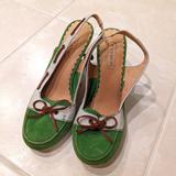Coach Shoes | Coach Athena Sling Back 4" Wedge Heels Green Suede, 6 | Color: Green/White | Size: 6