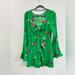 Free People Dresses | Free People Ruched V-Neck Green Floral Boho Side Zip Mini Dress Size Medium | Color: Green | Size: M