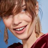 Anthropologie Jewelry | Anthro Long Shimmy Drop Copper Crystal Bezel Diamond Shaped Mesh Earri | Color: Gold | Size: Os