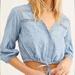 Free People Tops | Free People Boho Cropped Button Down V-Neck Blouse Large | Color: Blue | Size: L