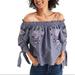 American Eagle Outfitters Tops | American Eagle Off Shoulder Embroidered Striped Blouse Tie Sleeves | Color: Blue/White | Size: Xl