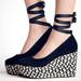 Free People Shoes | Free People Shoes Charade Espadrille Platform Wedge Pump Black Suede Size 9/ 40 | Color: Black/Cream | Size: 9