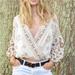 Free People Tops | Free People Size M Harmony Embroidered Balloon Sleeve Blouse Crop Top Cream | Color: Brown/Cream | Size: M