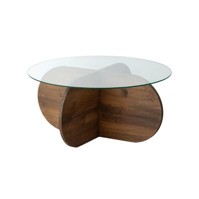 Table basse design d75cm pin massif foncé et verre trompé transparent