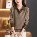 Fashion Original Autumn New Fake Two Piece Polo Neck Sweater Women's Contrast Button Loose Simple