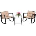 xrboomlife Patio Set of 3 Rocking Bistro Set Wicker Patio Sets Rattan Chair with Glass Coffee Table for Porch Yard Backyard or Bistro