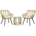HBBOOMLIFE 5 Piece Outdoor Wicker Bistro Set with Ottomans Patio Rattan Conversation Chairs Set with Round Side Table for Porch Balcony Poolside Yard White Cushion