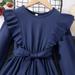 B91xZ Dresses for Teens Girls Long Sleeve Solid Color Casual Midi Dress A Line Belted Party Dresses (Navy 4-5 Years)