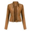 Tops For Women Women S Slim Leather Stand Collar Zip Motorcycle Suit Belt Coat Jacket Tops Coffee S