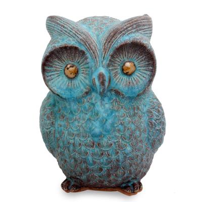 Ceramic statuette, 'Turquoise Blue Wise Owl'